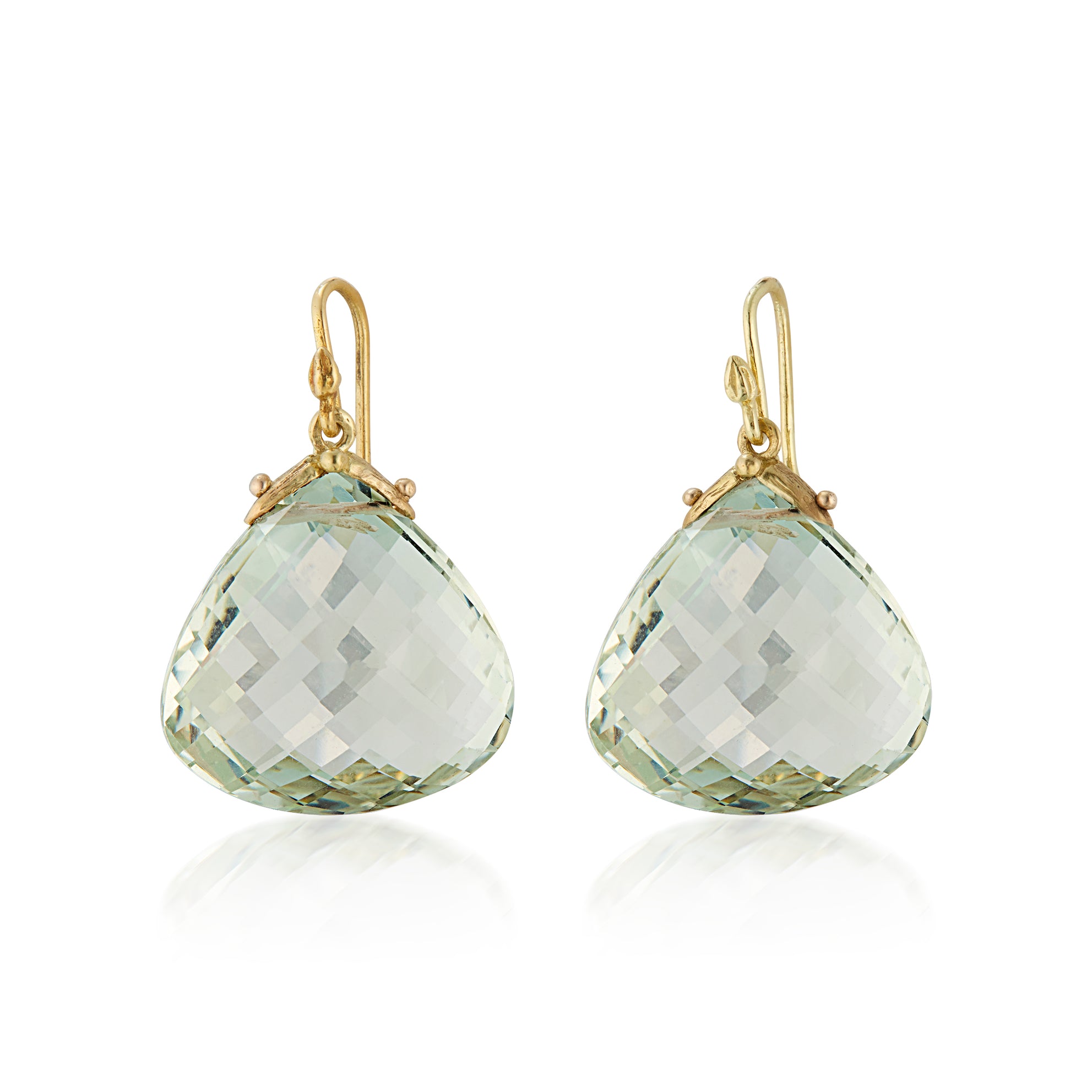 Green Amethyst Fat Faceted Teardrop 18k Double Seed Earring
