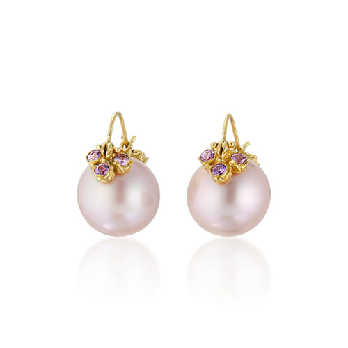 Pink Pearl and Purple Sapphire 18ky Flyer Earrings