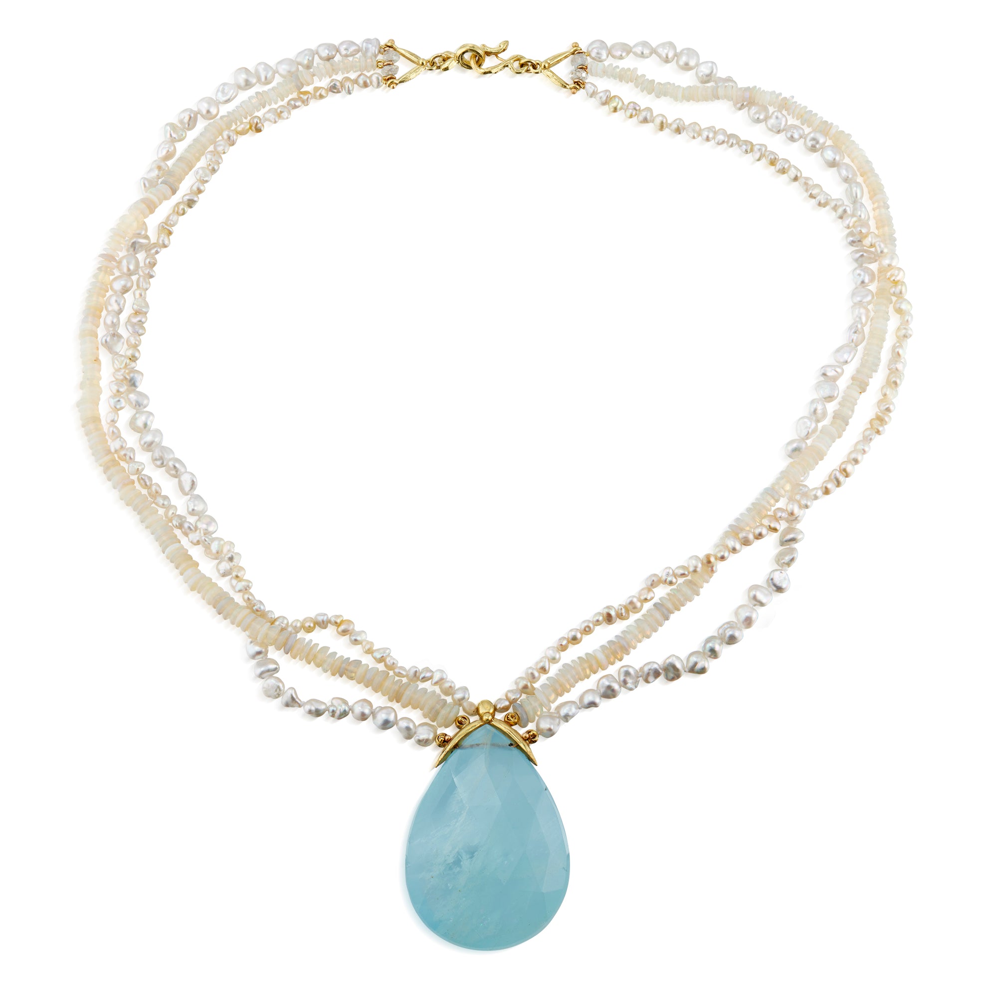 Triple Strand Aqua Keshi Opal 18k Necklace