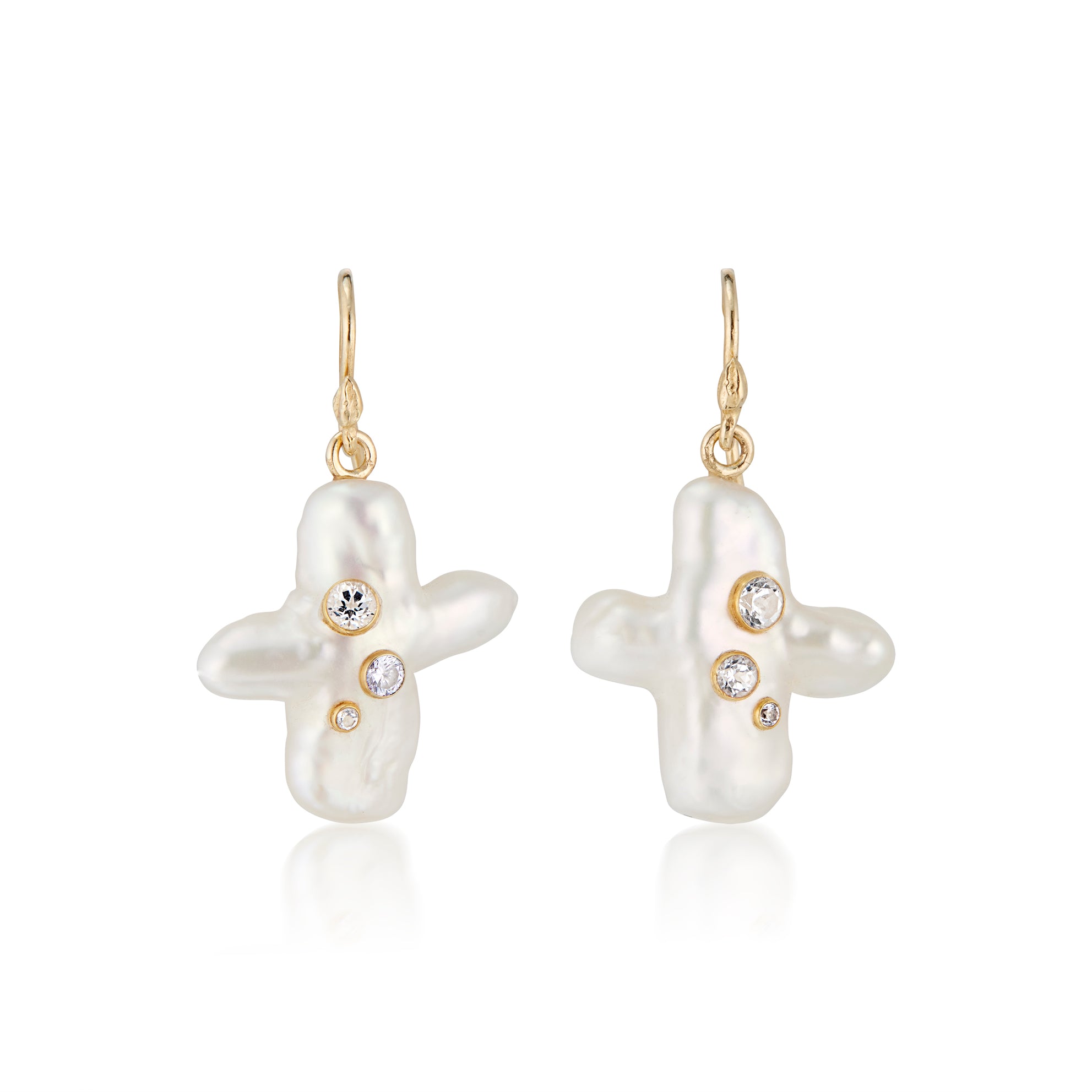 Japanese Biwa X Pearls White Topaz 14k Single Seed Earwires