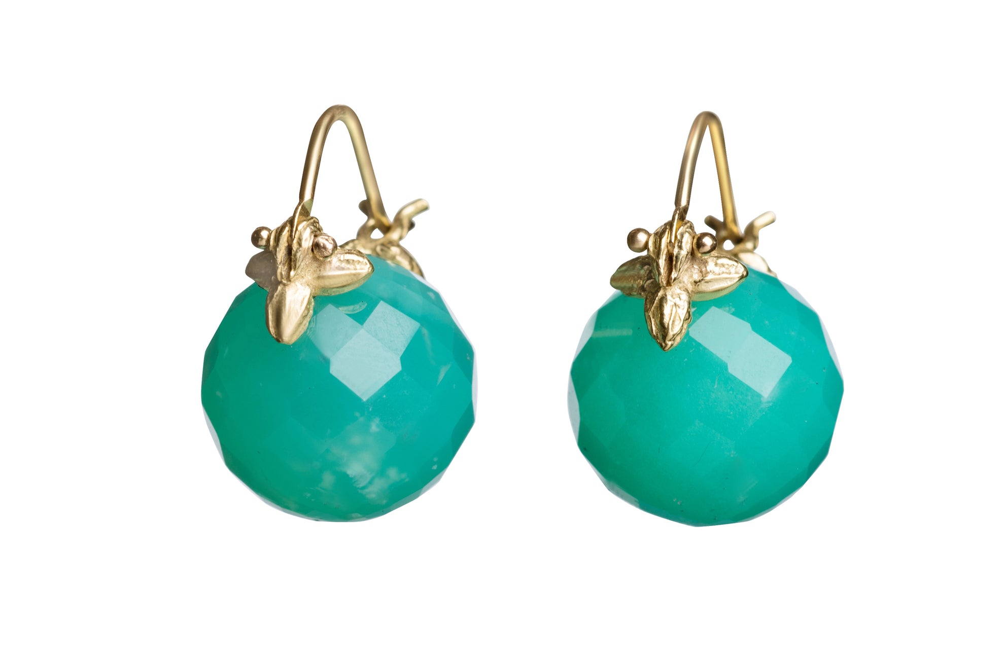 Round Faceted Chrysoprase Flyer Earrings.