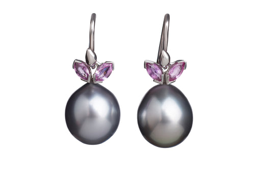 Gray Tahitial Pearl Drops with Pink Sapphire Earrings