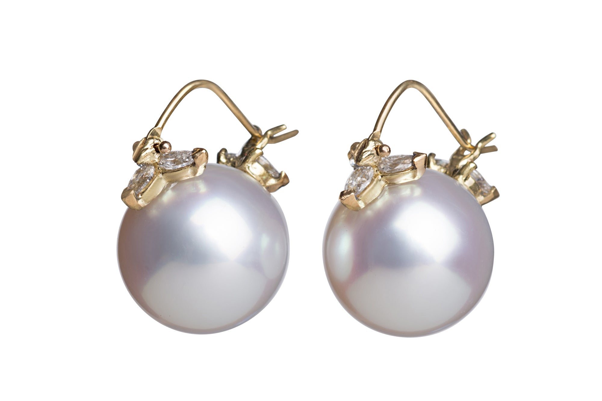 Large White South Sea Pearl with Ten Pear Shaped Diamonds Flyer Earrings