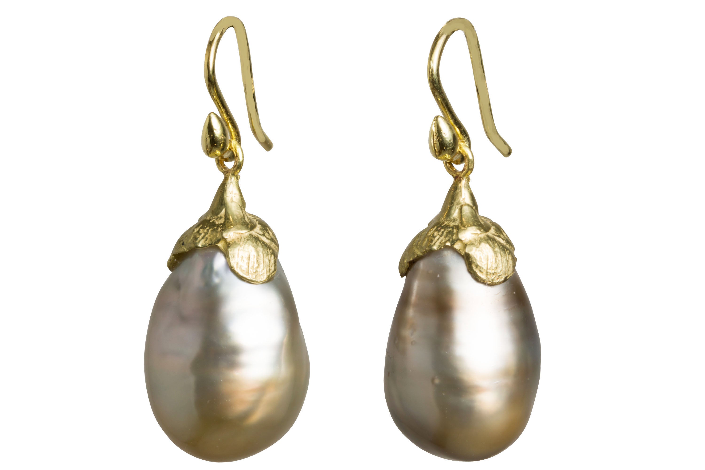 Pistachio-Silvery Taupe Plum Shaped Tahitian 18k KT Drop Earrings