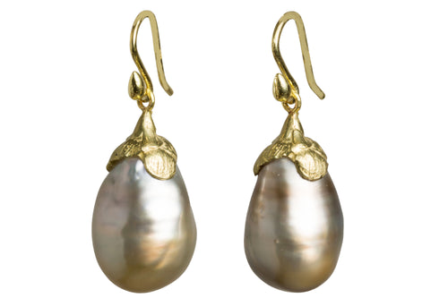 Pistachio-Silvery Taupe Plum Shaped Tahitian 18k KT Drop Earrings