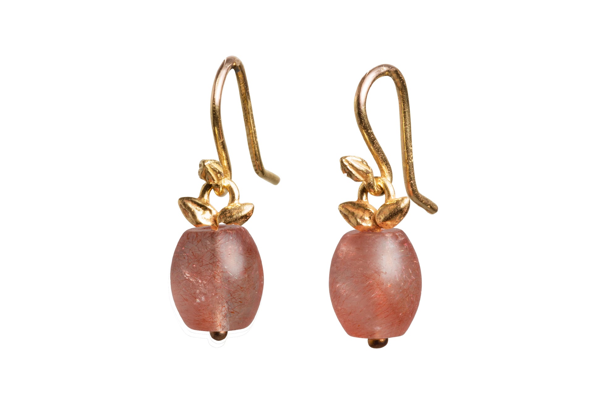 Strawberry Quartz Baby Barrel 14k Rose Gold Wing Earrings