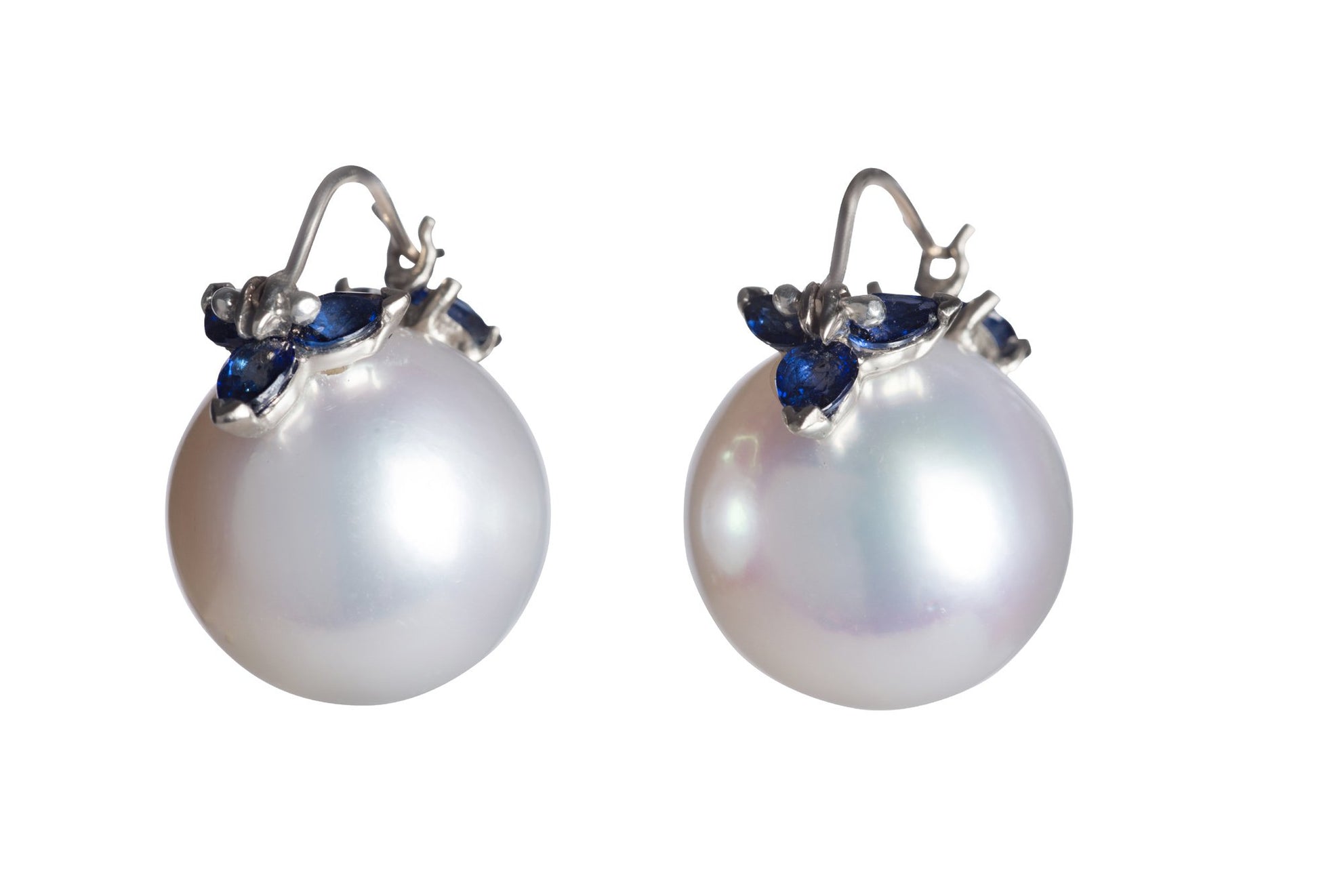 White South Sea Pearl with 10 Pear Shaped Blue Sapphire Flyer Earrings