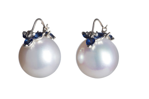 White South Sea Pearl with 10 Pear Shaped Blue Sapphire Flyer Earrings