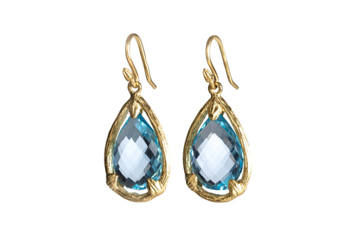 Chequered Blue Topaz Teardrop,18k Twig Earrings