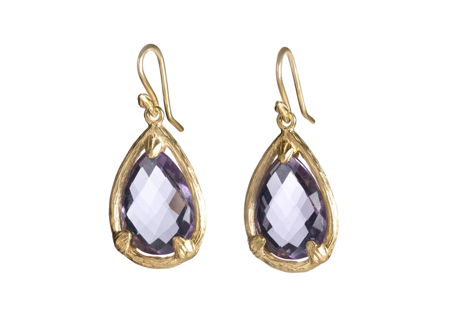 Chequered Pink Amethyst Teardrop,18k Twig Earrings