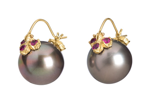 Tahitian Pearl with Ten Raspberry Sapphire Flyer Earrings