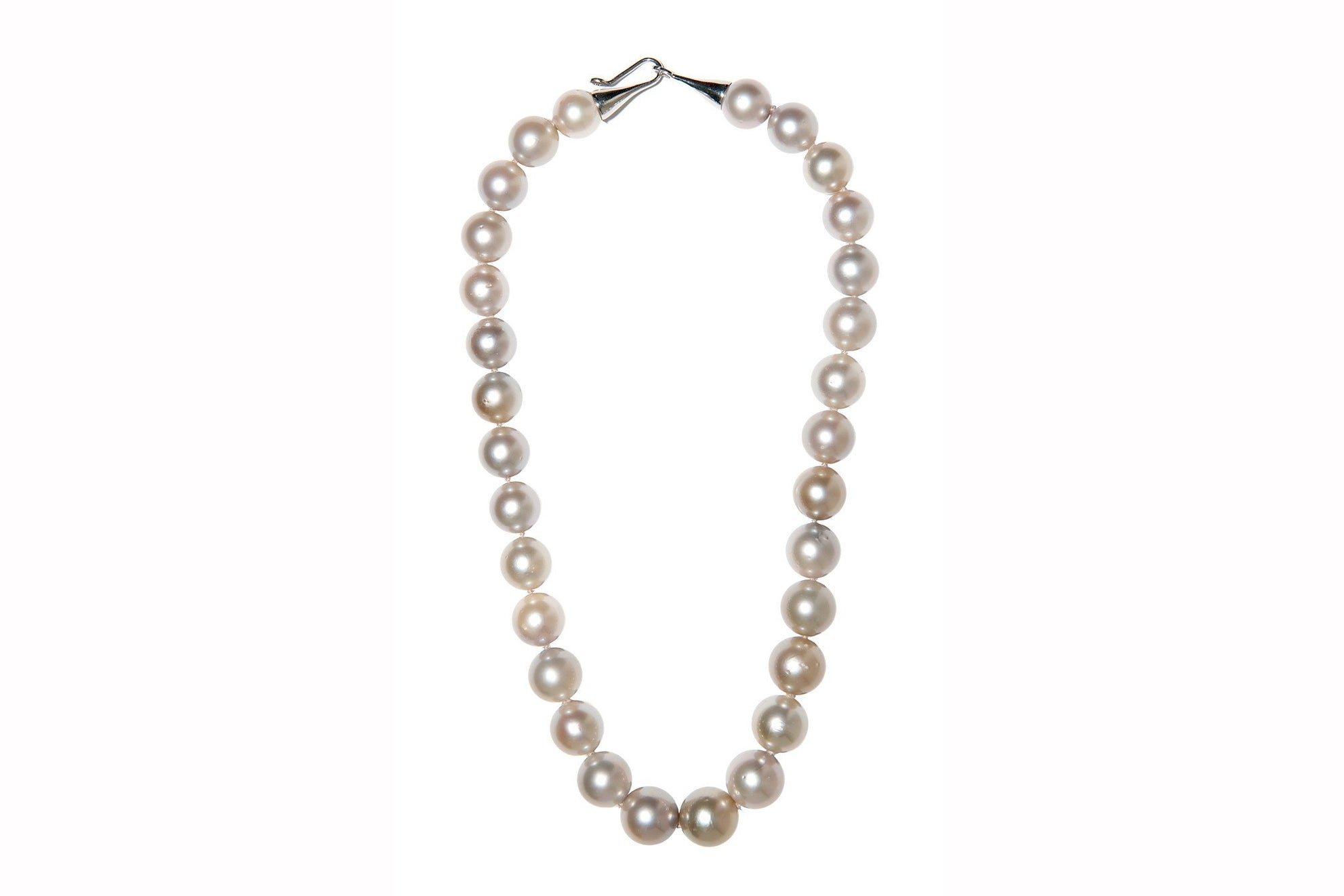 Large Round South Sea Pearl Necklace Platinum Cone Hook + Eye