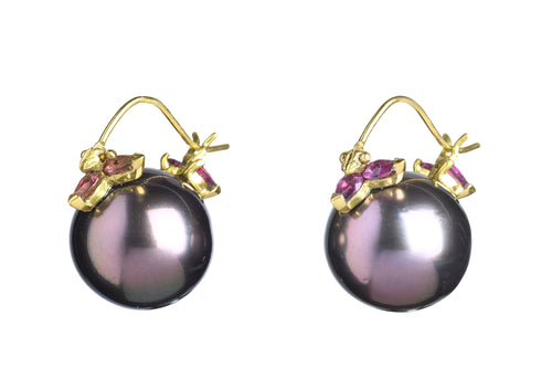 Aubergine Tahitian Pearl and Raspberry Sapphire Flyer Earrings