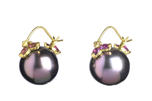 Aubergine Tahitian Pearl  Raspberry Sapphire Flyer Earrings