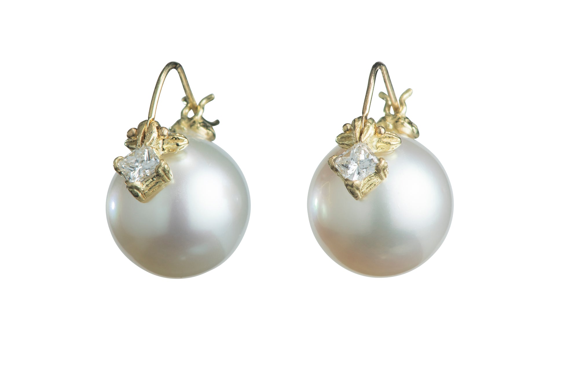 White Round South Sea Pearls and 18k Princess Cut Diamond Flyer Earrings