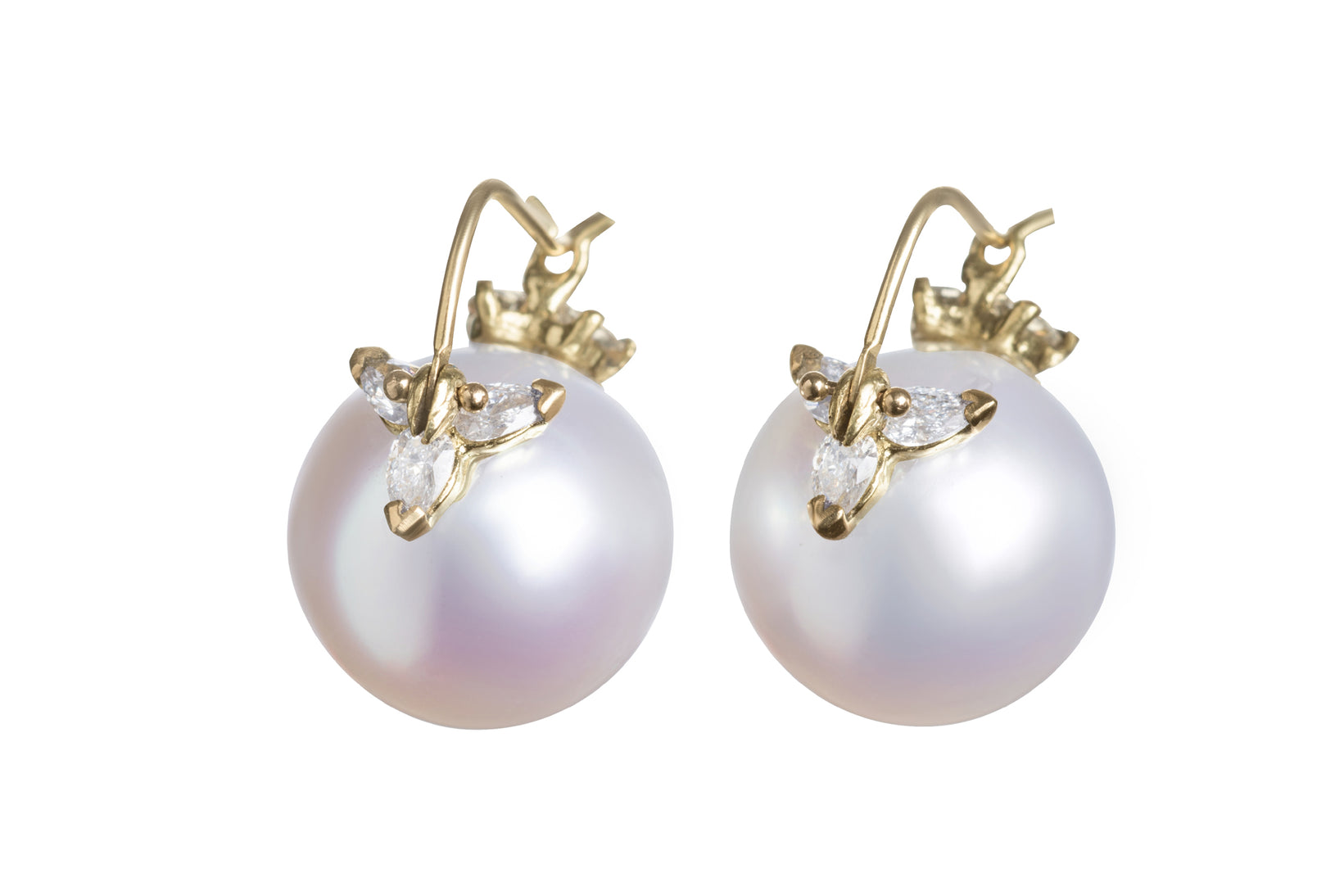 Large White South Sea Pearl with Ten Pear Shaped Diamonds Flyer Earrings