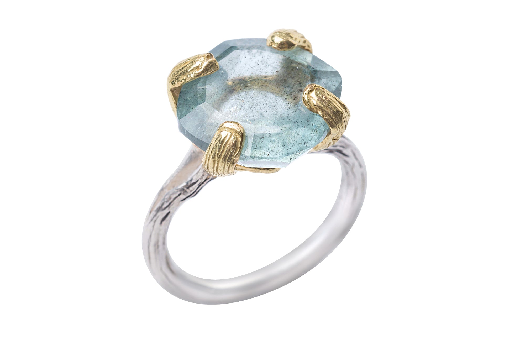 Faceted Blue Aquamarine Petal Prong Eye Ring