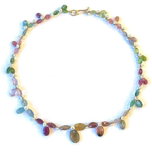 Multi-colored Tourmaline Freshwater Pearl 14k Pansy Necklace