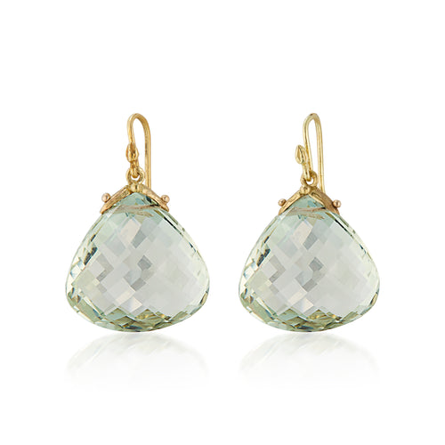 Green Amethyst Fat Faceted Teardrop 18k Double Seed Earring