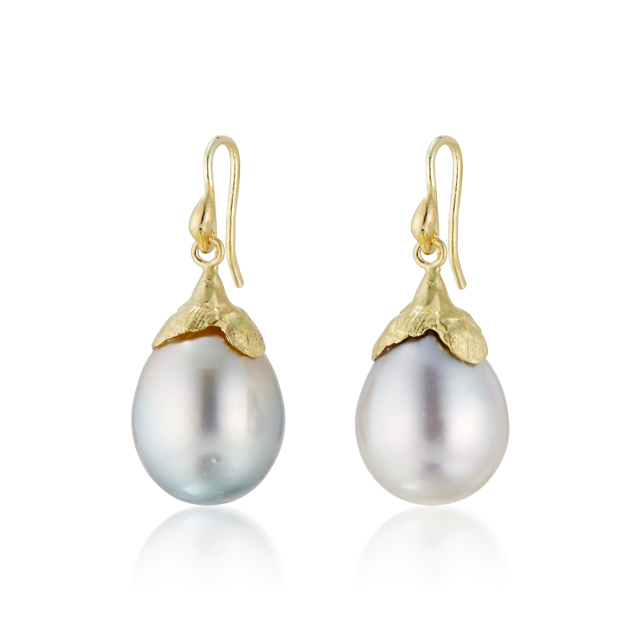 KT 18k Petal Capped Silver-Green Pistachio Tahitian Pearl Earrings