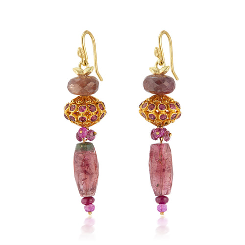 Red Tourmaline, Ruby Tri-dangle Earring