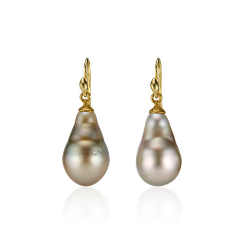 Pistachio Tahitian Pearl Drop 18k Cone Cap Earrings