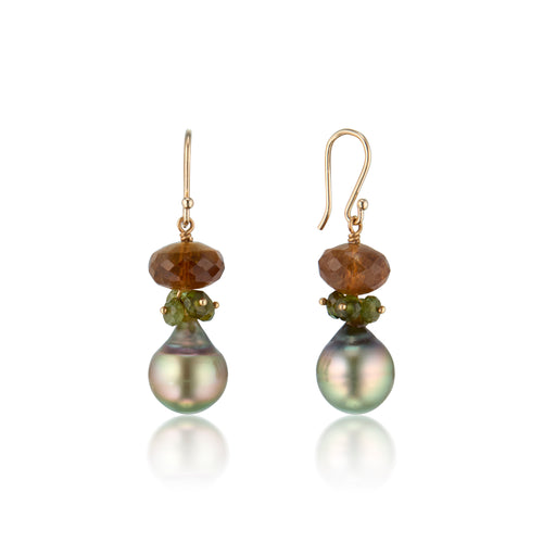 Cognac Colored Tourmaline & Pistachio Tahitian 14k Earring