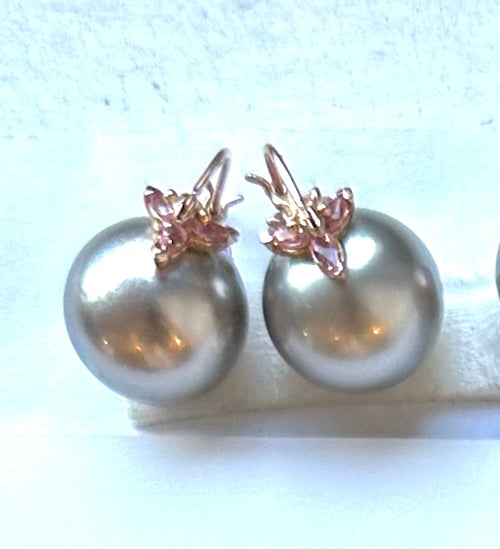 Silvery Gray Tahitian Pearl and Pink Sapphire Flyers