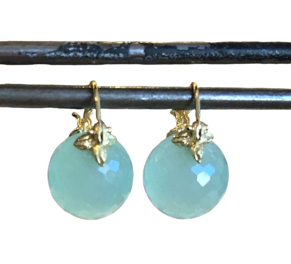 12mm faceted round Sea Blue Chalcedony 18kwg Flyer earrings