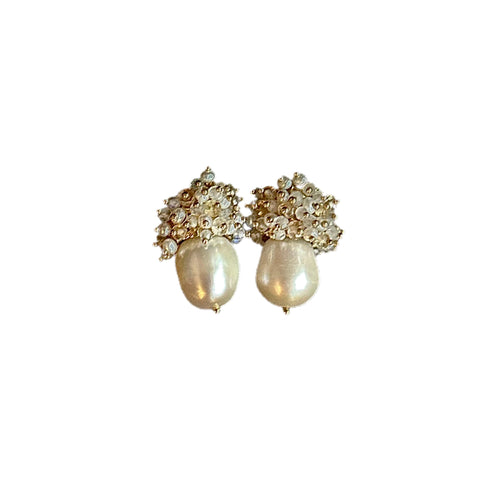 Pearl & Zircon Studded Crown Freshwater Pearl Studs