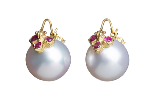 White South Sea Pearl with Ten Ruby Flyer Earrings