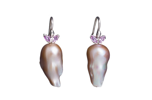Brown Freshwater Baroque Pearls with Pink Sapphire Wings Earrings