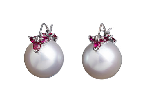 White Round South Sea Pearl and Pear Shaped Ruby White Gold Flyer Earrings