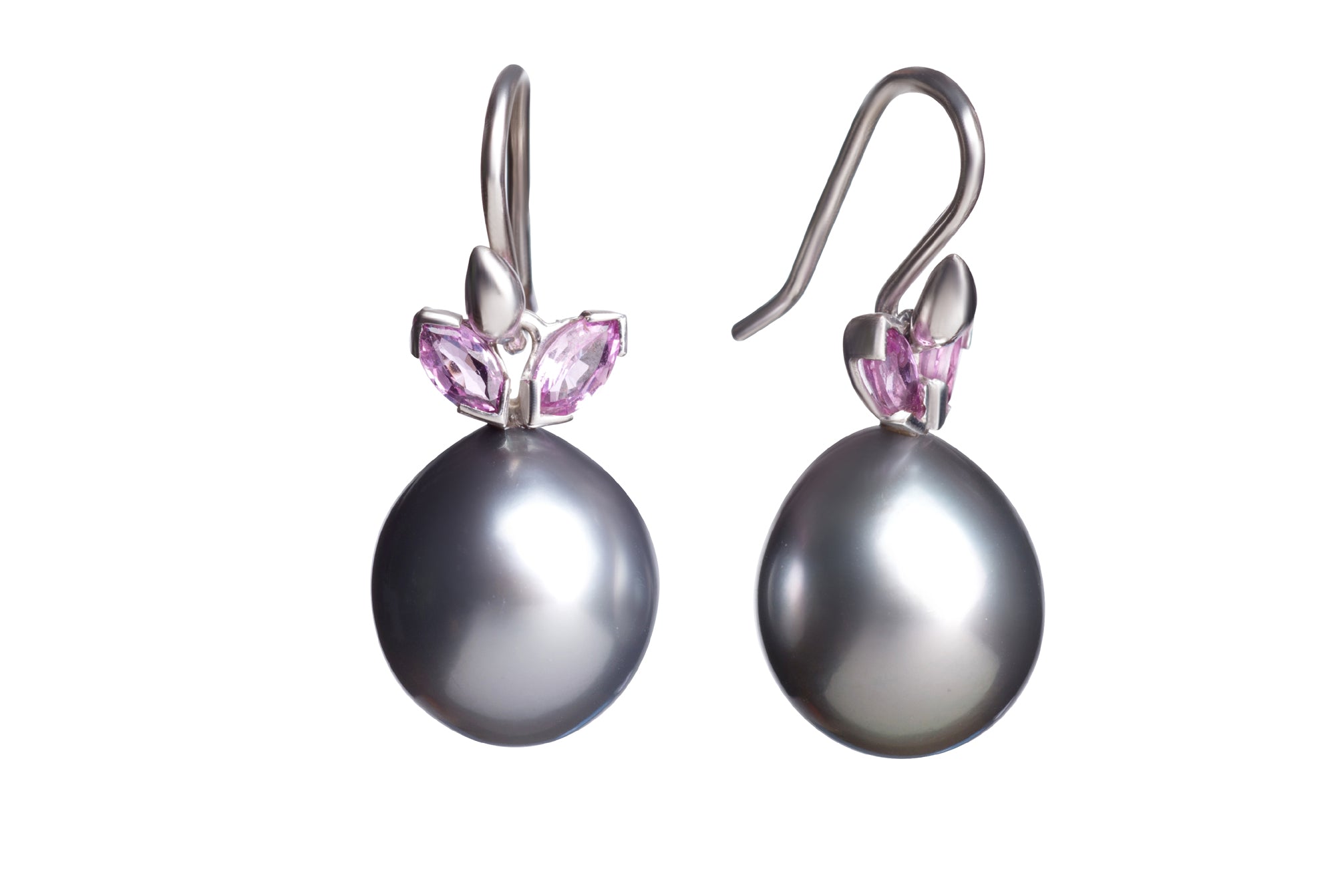 Gray Tahitial Pearl Drops with Pink Sapphire Earrings