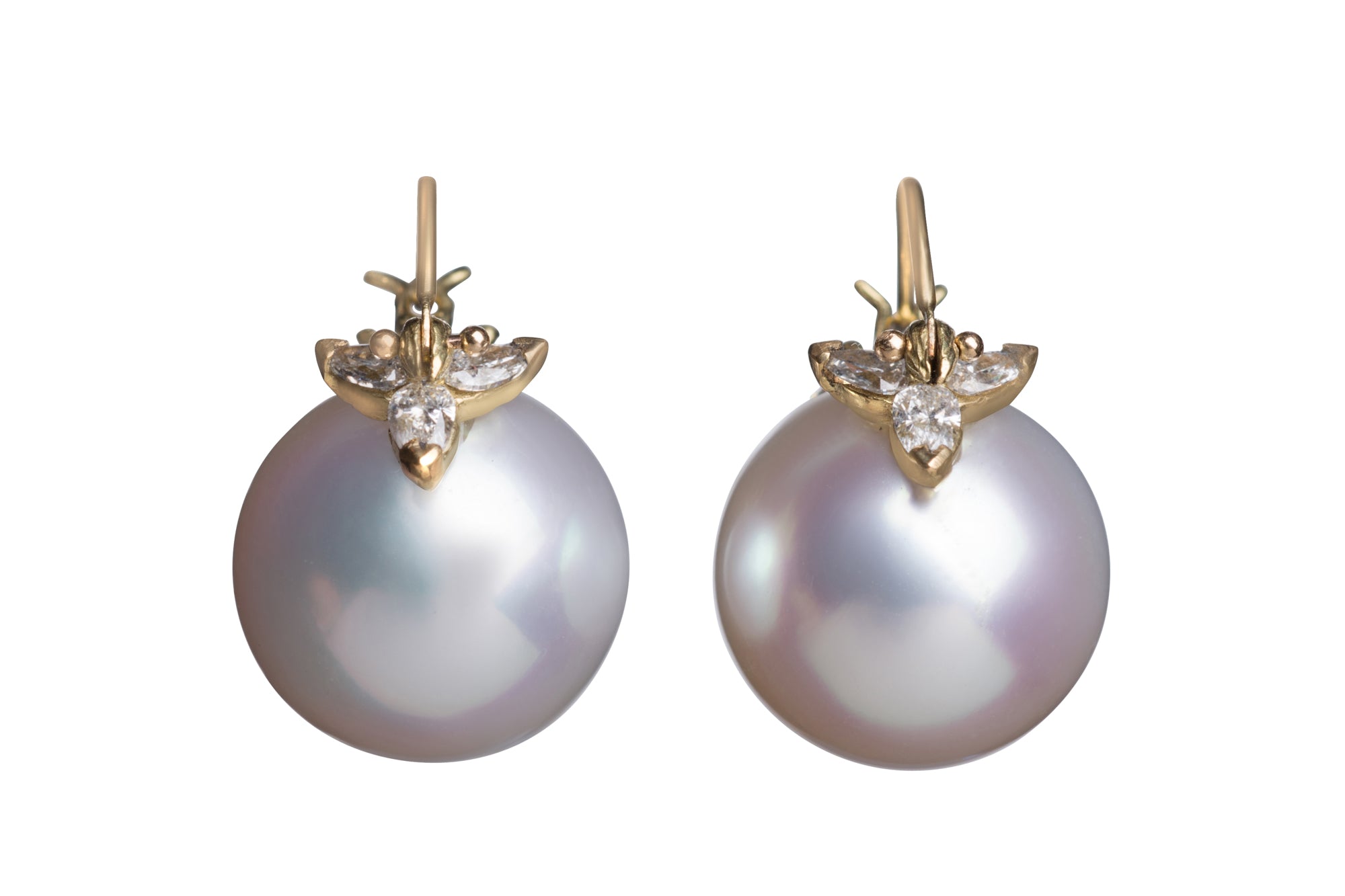 Large White South Sea Pearl with Ten Pear Shaped Diamonds Flyer Earrings