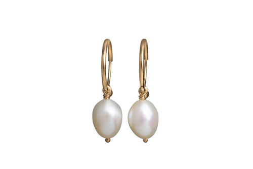 White Mini Freshwater Pearl on 14K Endless Hoops Earrings