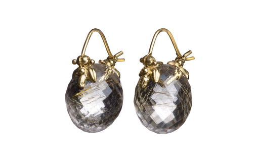 Faceted Barrel Shaped Rutilated Quartz 18k Petal Flyer Earrings