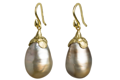 Pistachio -Silvery Taupe Plum Shaped Tahitian 18k KT Drop Earrings