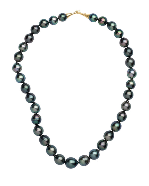 Drop shaped deep black Tahitian pearl necklace with gabrielle’s classic medium 18k cone hk & eye clasp