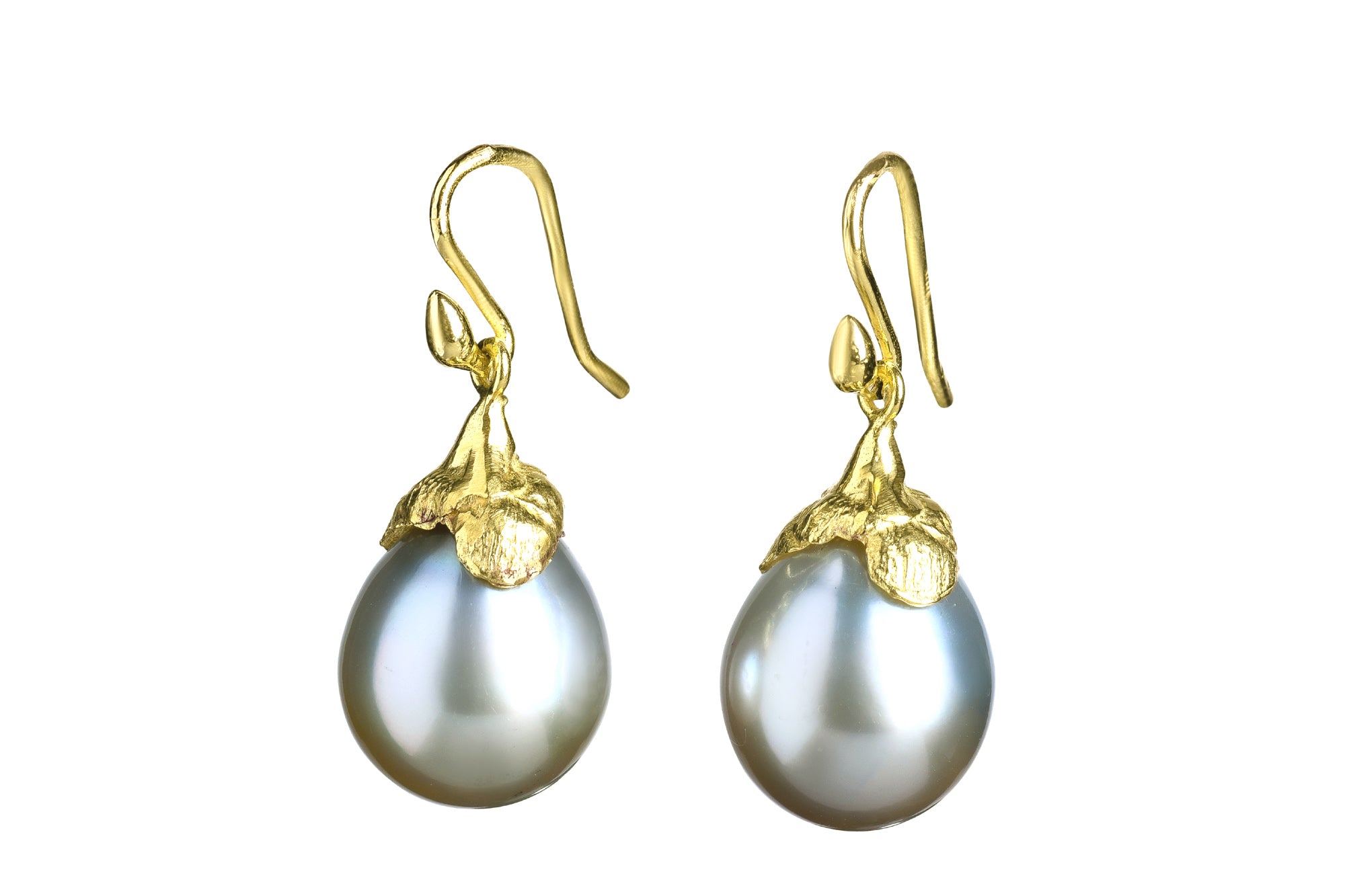 KT 18k Petal Capped Silver-Green Pistachio Tahitian Pearl Earrings