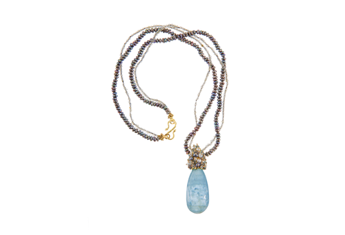 Seed Pearl Cluster Aquamarine 18k Necklace