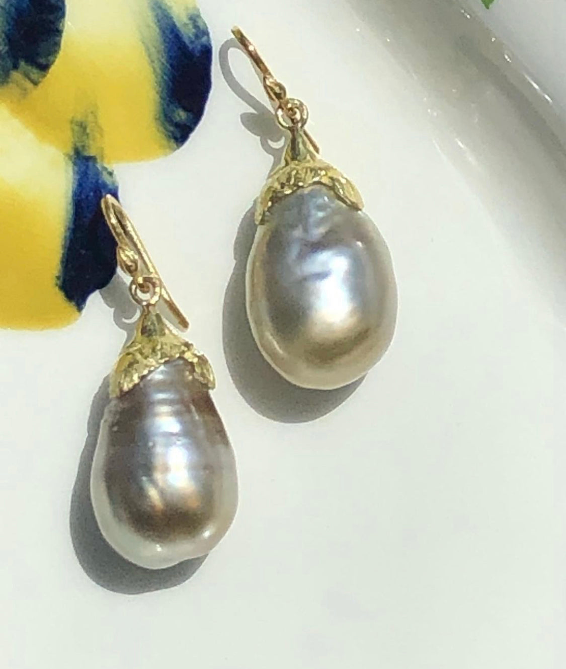Pistachio -Silvery Taupe Plum Shaped Tahitian 18k KT Drop Earrings